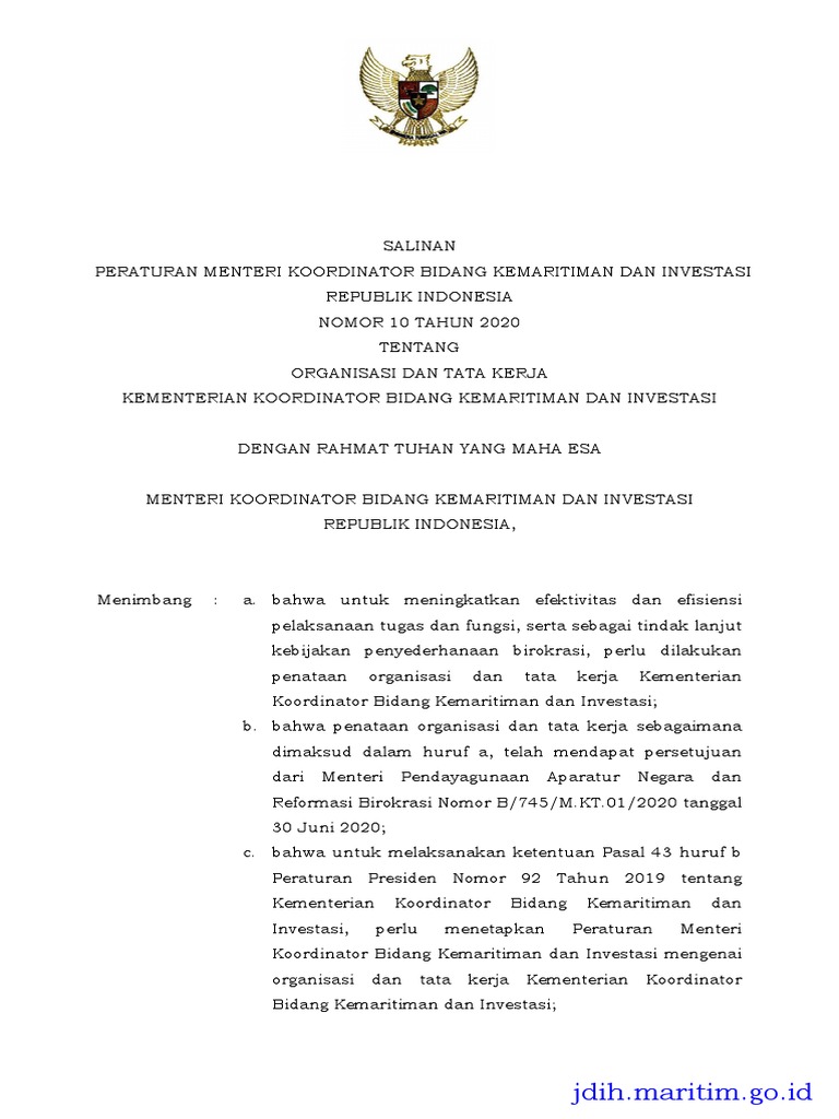 Profil dan Tugas Kementerian Koordinator Bidang Kemaritiman dan Investasi Republik Indonesia